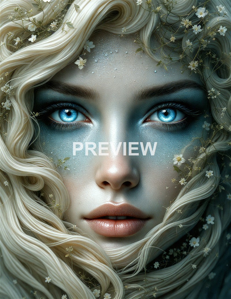 A close-up of a woman's face with striking blue eyes, platinum blonde curly hair decorated with small white flowers, and shimmering makeup with blue accents around her eyes, giving an ethereal and fantasy-like appearance.